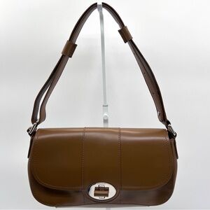Mazzini Brown Leather Shoulder Bag Turn Lock Flap Structured Purse